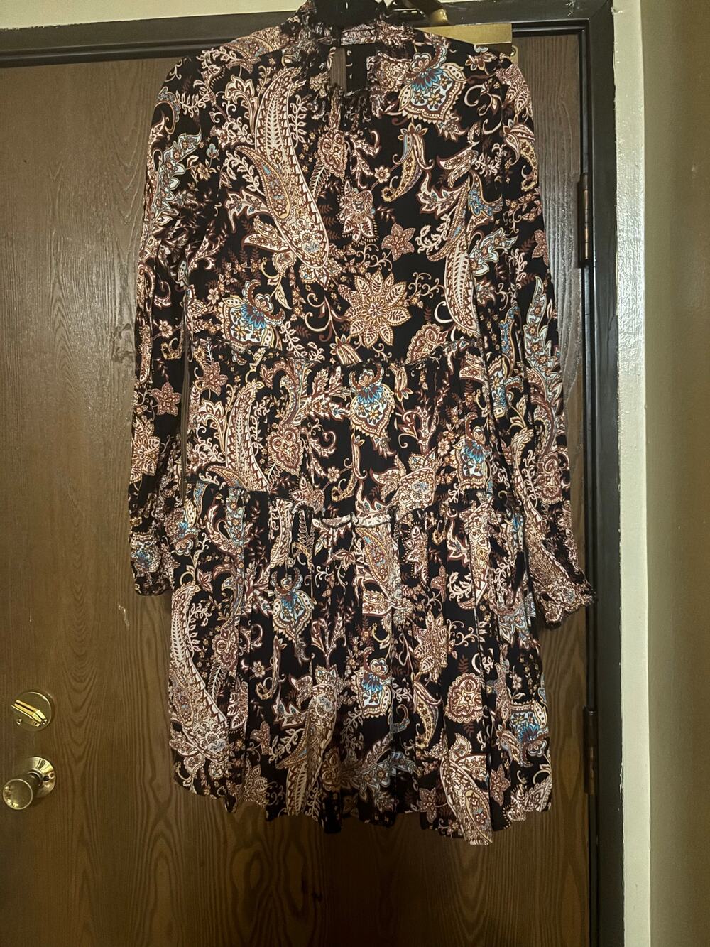 Anthropologie Black Floral Boho Indie Fall Hippie Long- Sleeve Midi Dress